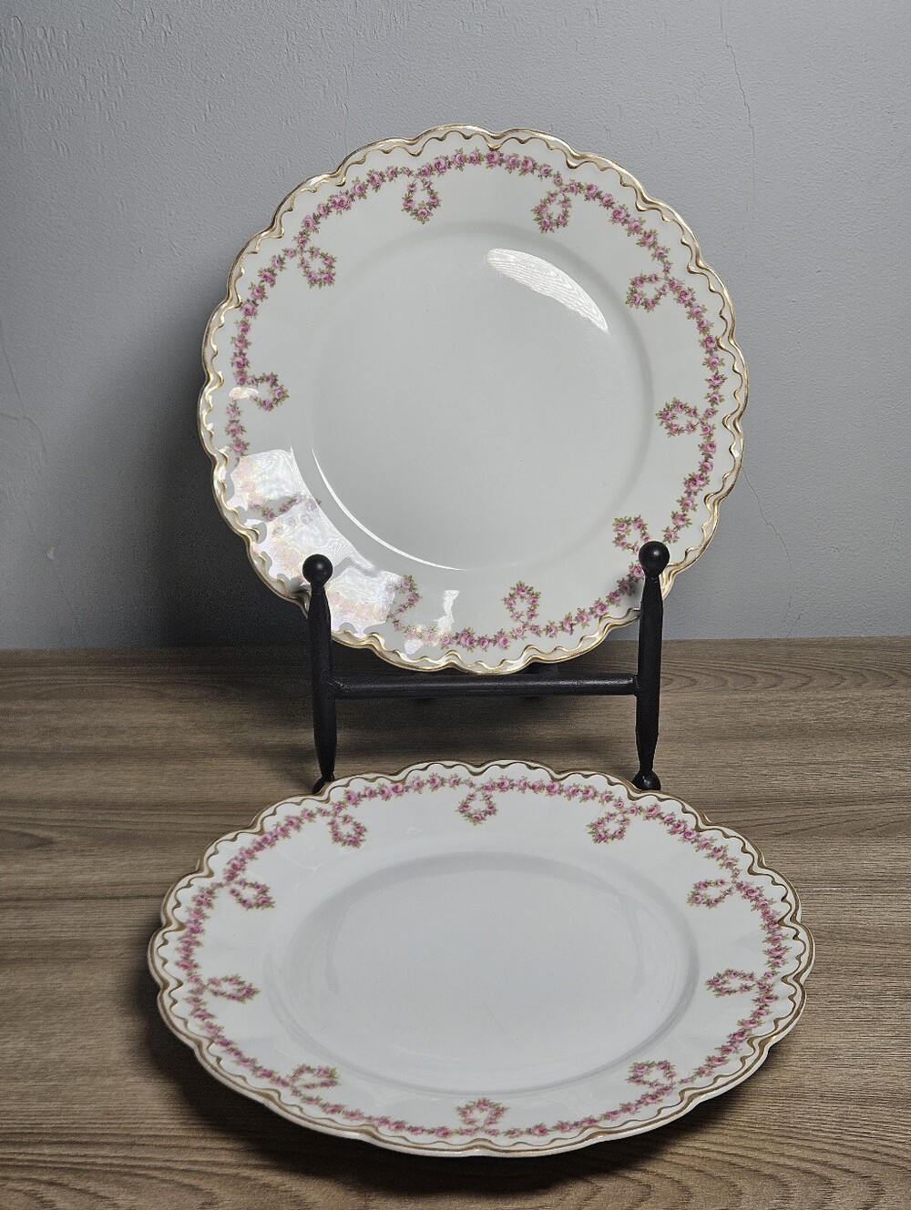 2 Theodore Haviland France Pink Rose Garland Gold Trim Scalloped 9.5" Plates
